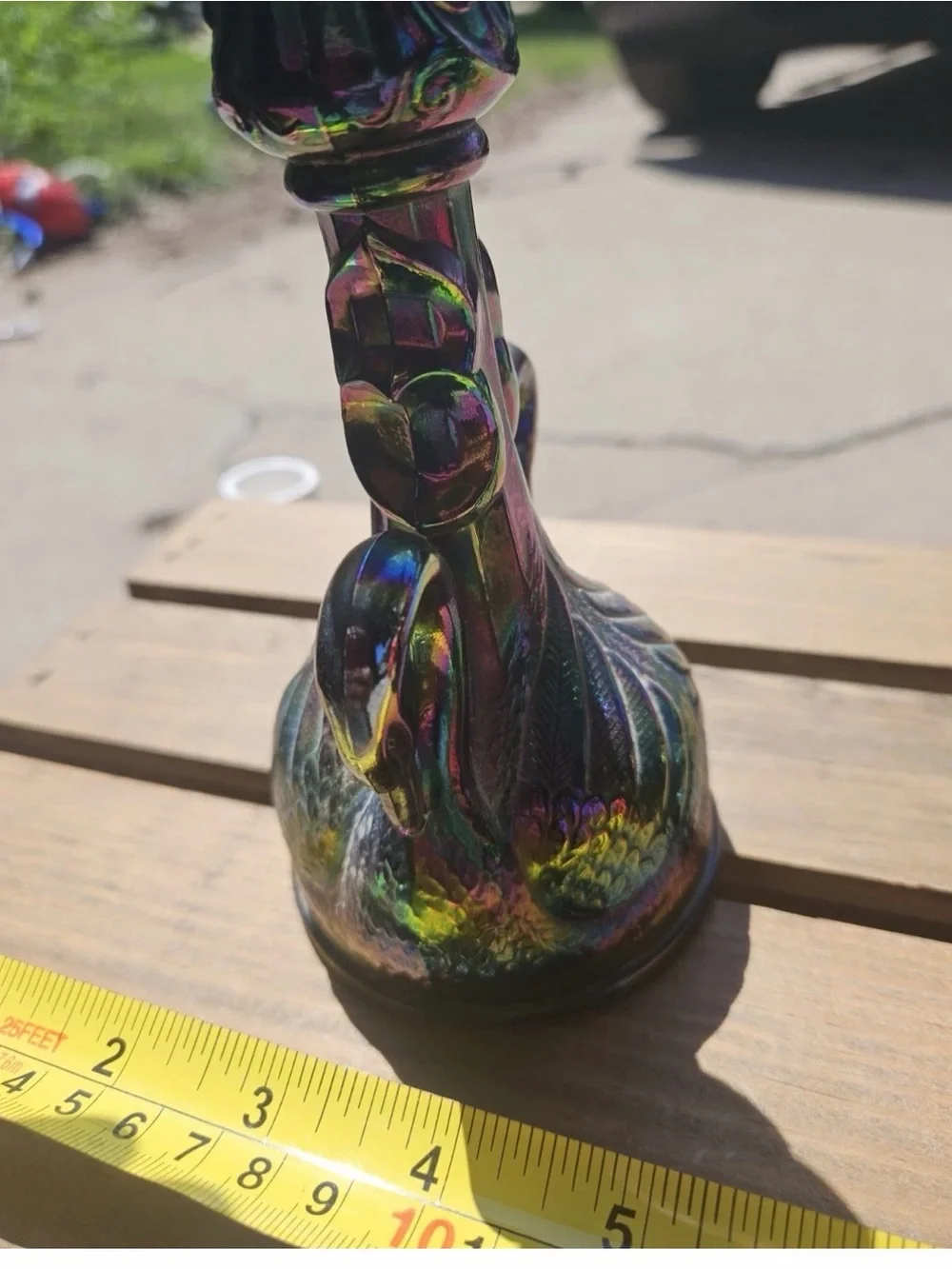 Fenton Carnival Glass Swan Candlesticks Pair Iridescent - repaired